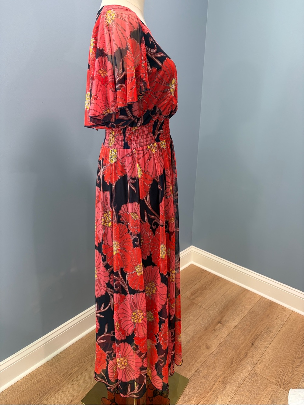 Kate & Lily Red Pink Floral Maxi Dress Size 6 Cape Overlay Flutter Sleeve Lined - Picture 6 of 11